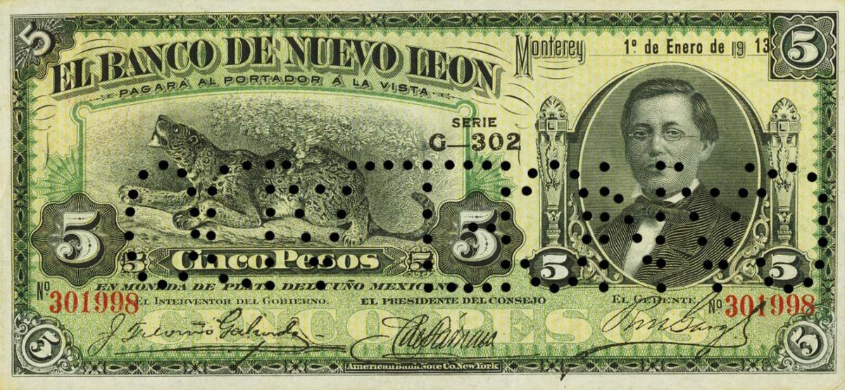 Front of Mexico pS360d: 5 Pesos from 1892