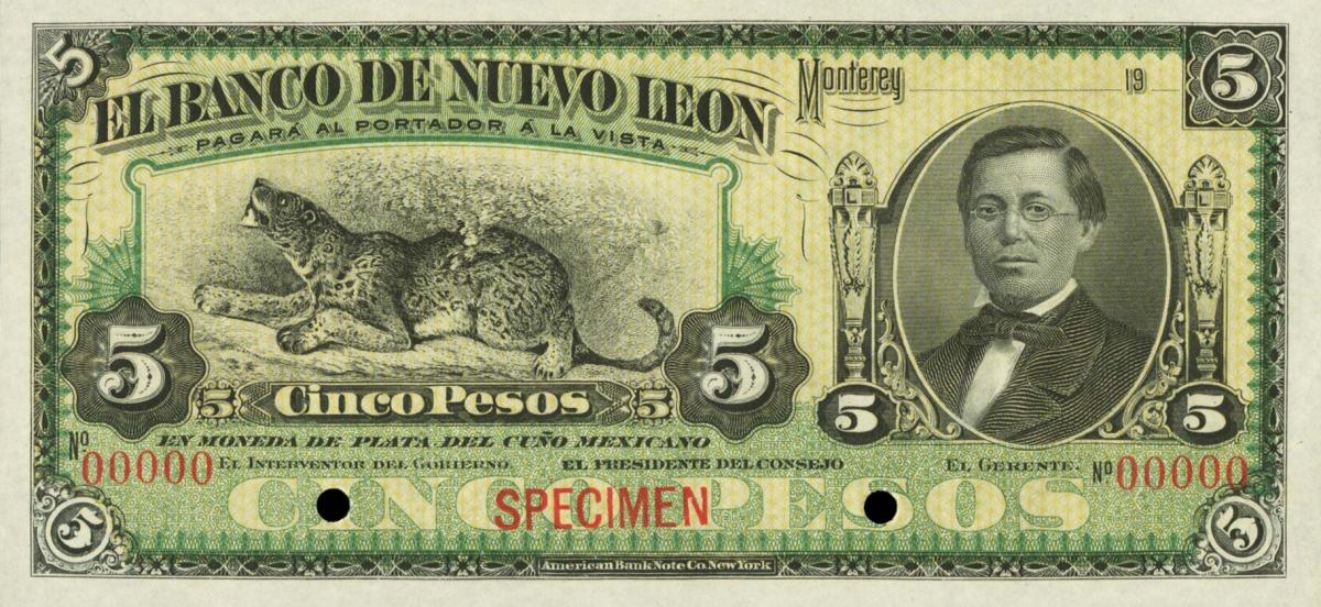 Front of Mexico pS360s: 5 Pesos from 1892