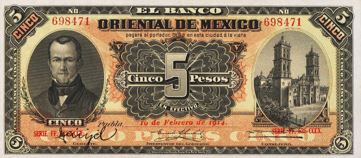 Front of Mexico pS381c: 5 Pesos from 1900