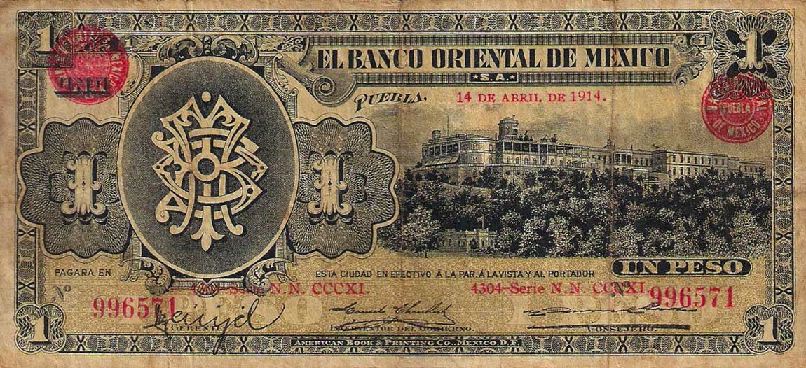 Front of Mexico pS388a: 1 Peso from 1914