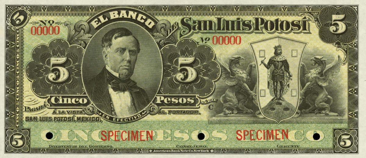 Front of Mexico pS399s: 5 Pesos from 1898