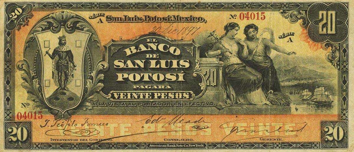 Front of Mexico pS401a: 20 Pesos from 1897