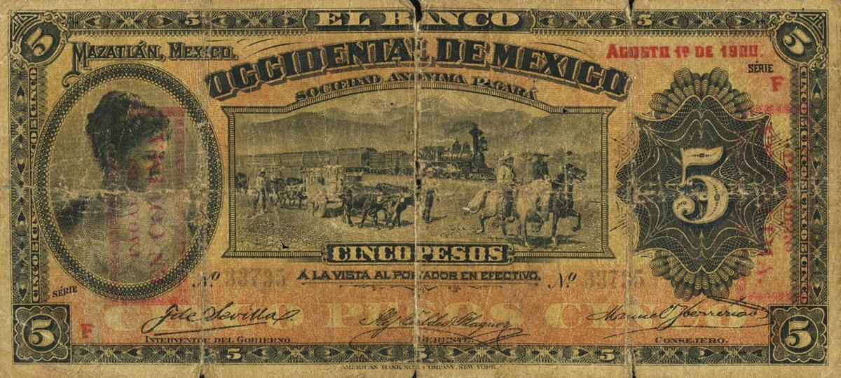 Front of Mexico pS408e: 5 Pesos from 1898