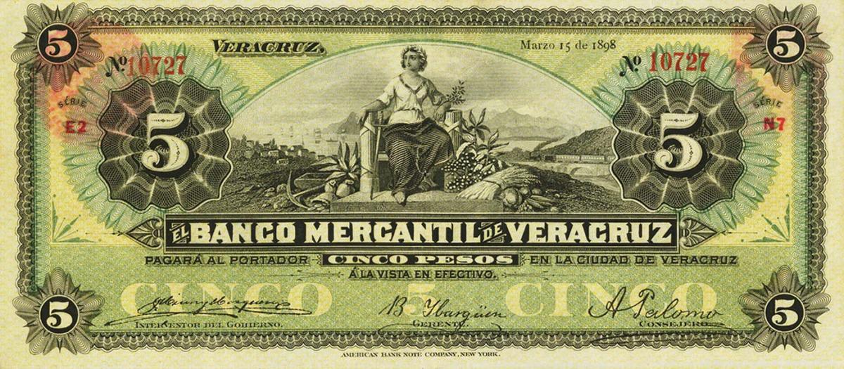 Front of Mexico pS437a: 5 Pesos from 1898