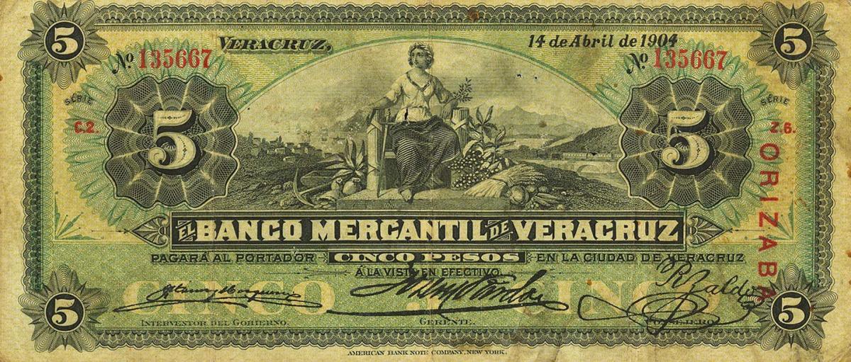 Front of Mexico pS437d: 5 Pesos from 1898