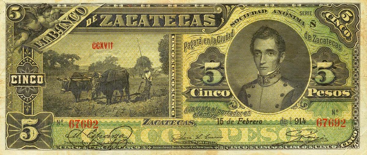 Front of Mexico pS475d: 5 Pesos from 1891