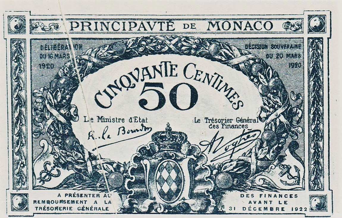 Front of Monaco p3r: 50 Centimes from 1920