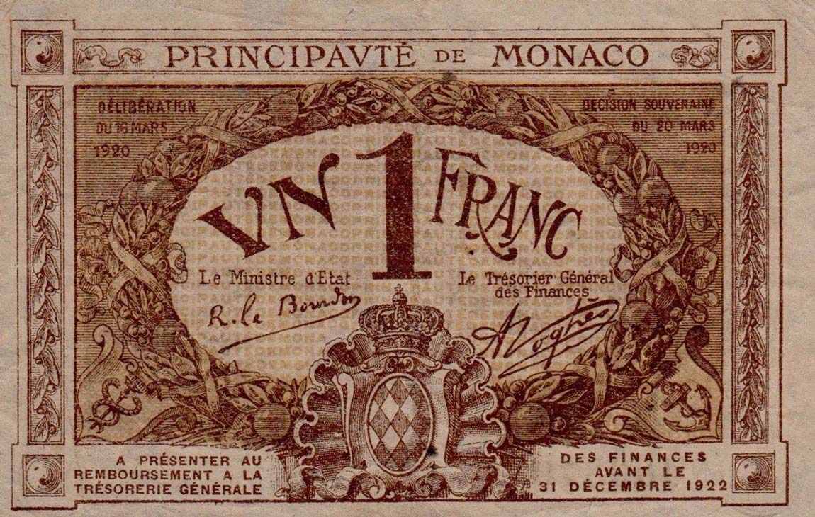 Front of Monaco p4b: 1 Franc from 1920