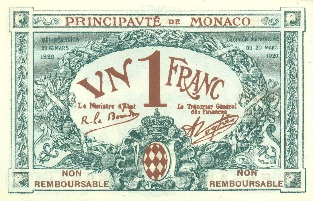 Front of Monaco p5s: 1 Franc from 1920