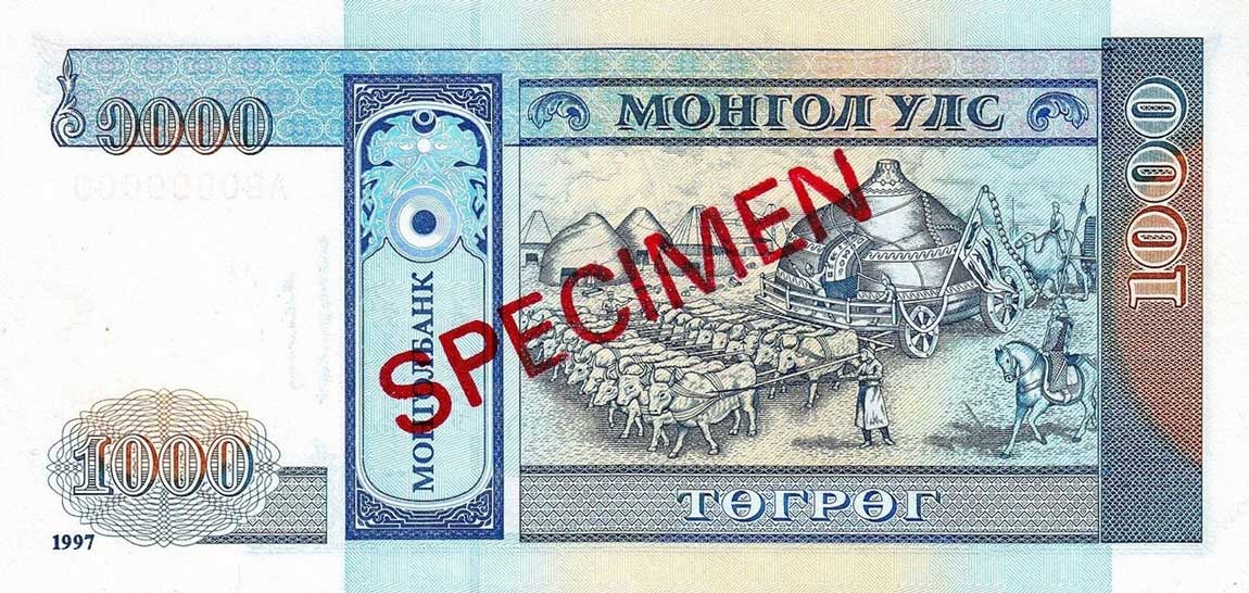 Back of Mongolia p59s: 1000 Tugrik from 1993