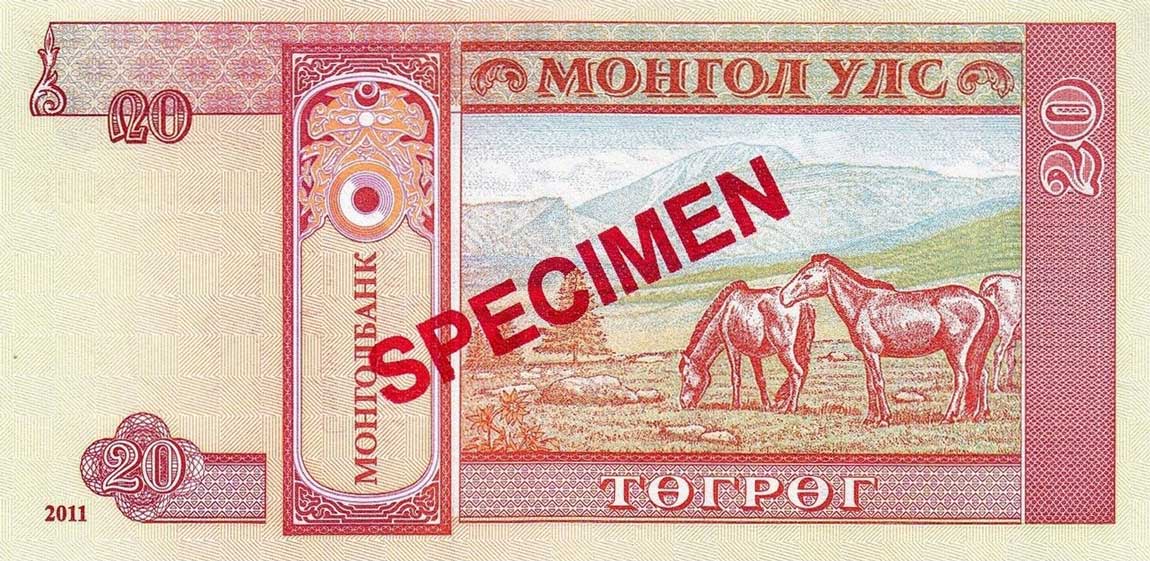 Back of Mongolia p63s: 20 Tugrik from 2000