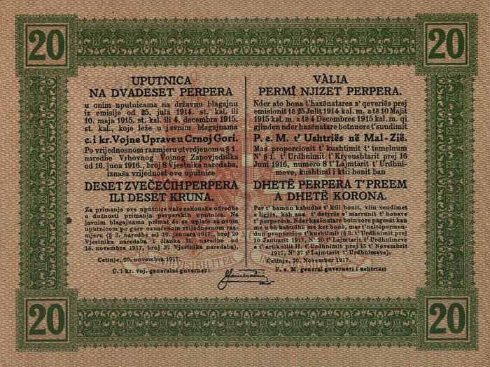 Back of Montenegro pM152: 20 Perpera from 1917