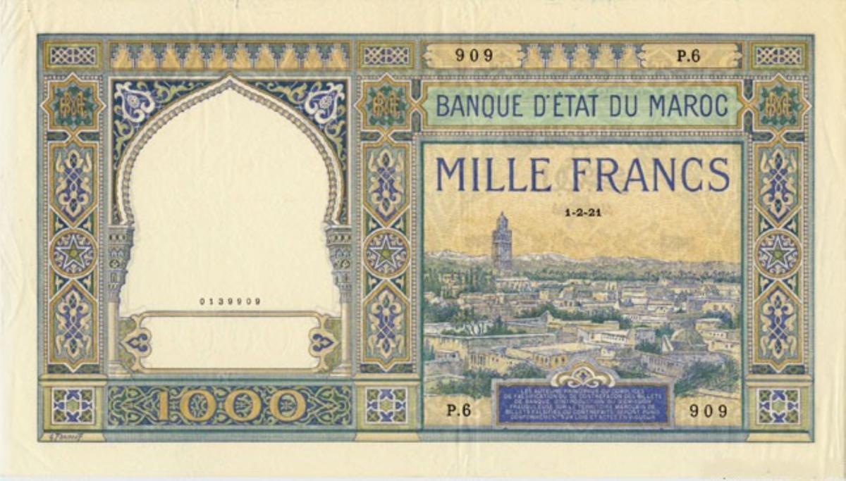 Front of Morocco p16a: 1000 Francs from 1921