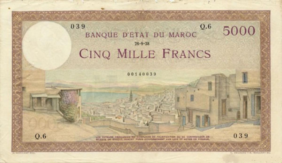 Front of Morocco p23a: 5000 Francs from 1938