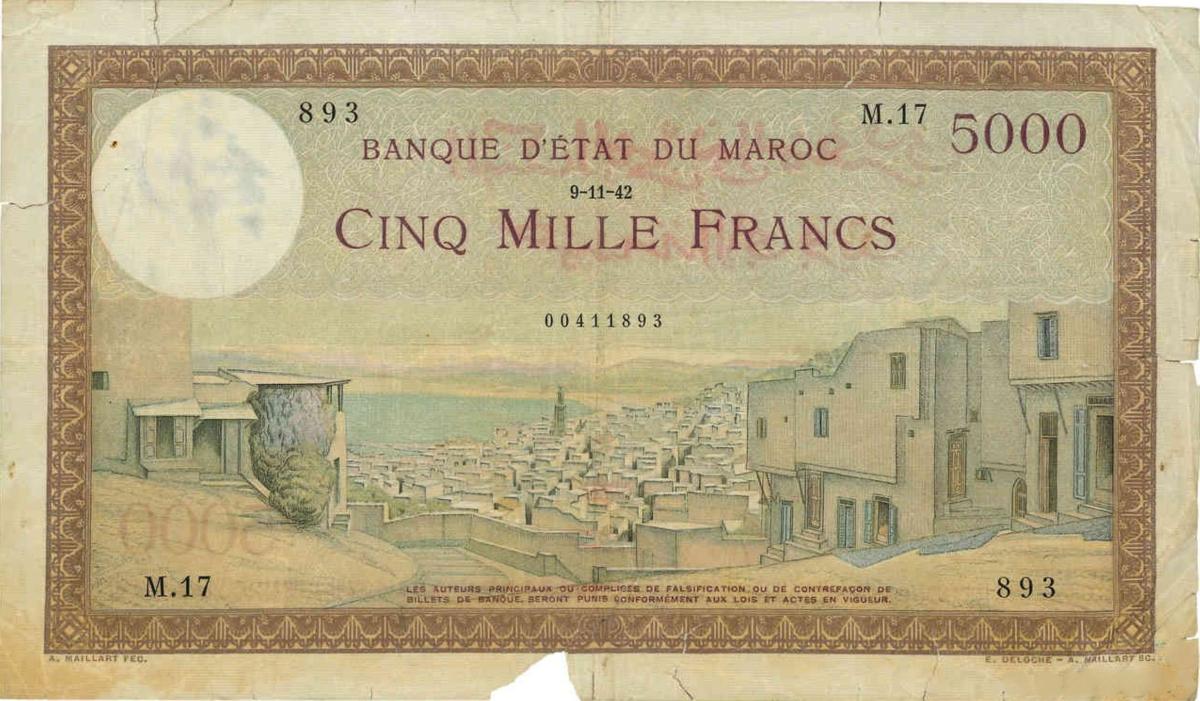 Front of Morocco p23b: 5000 Francs from 1942