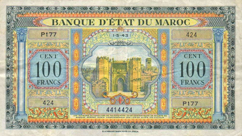 Front of Morocco p27a: 100 Francs from 1943