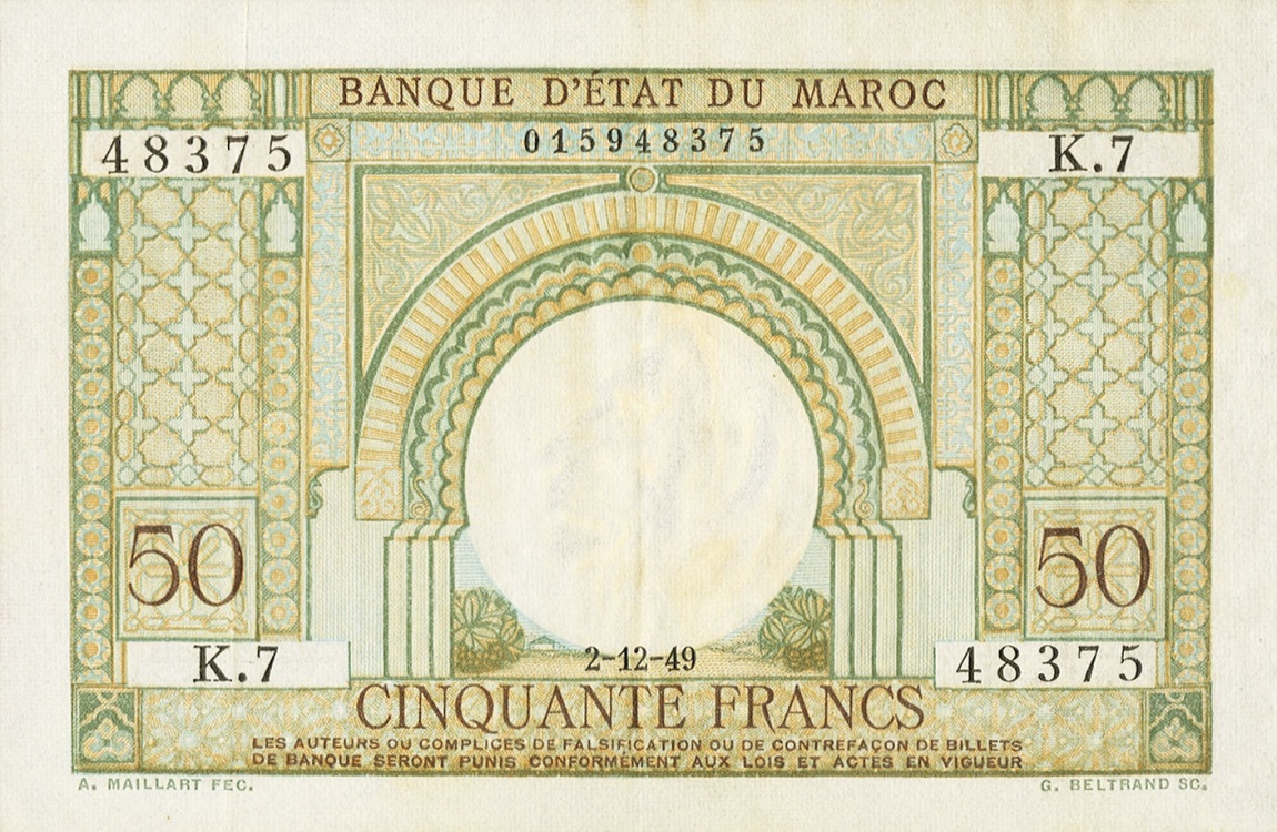 Front of Morocco p44a: 50 Francs from 1949