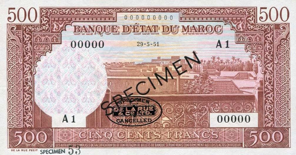 Front of Morocco p45B: 500 Francs from 1951