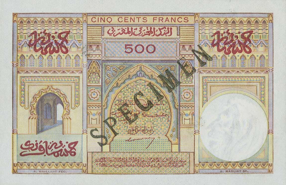 Back of Morocco p46s: 500 Francs from 1949