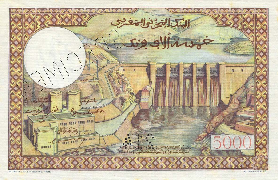 Back of Morocco p49s: 5000 Francs from 1953