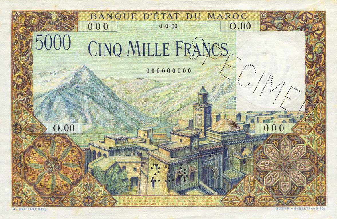 Front of Morocco p49s: 5000 Francs from 1953