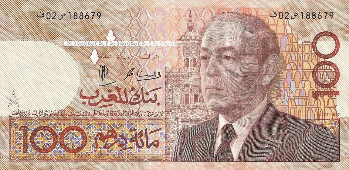 Front of Morocco p65d: 100 Dirhams from 1987