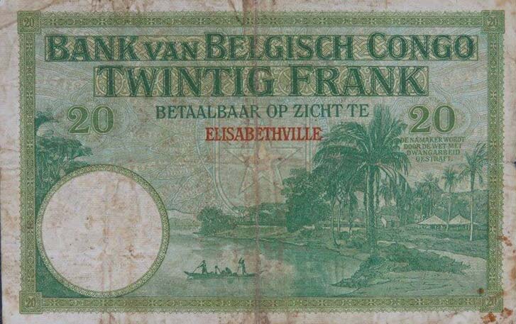 Back of Belgian Congo p10a: 20 Francs from 1912