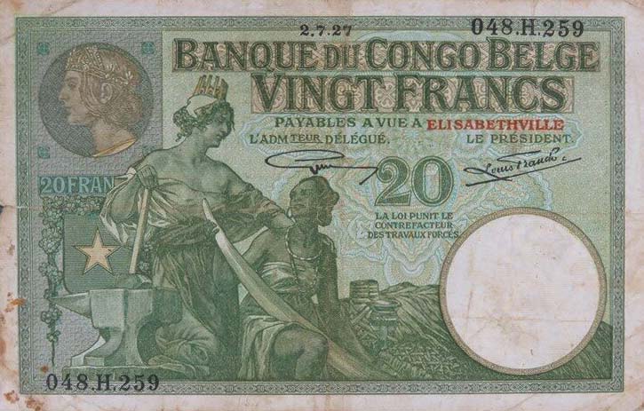 Front of Belgian Congo p10a: 20 Francs from 1912