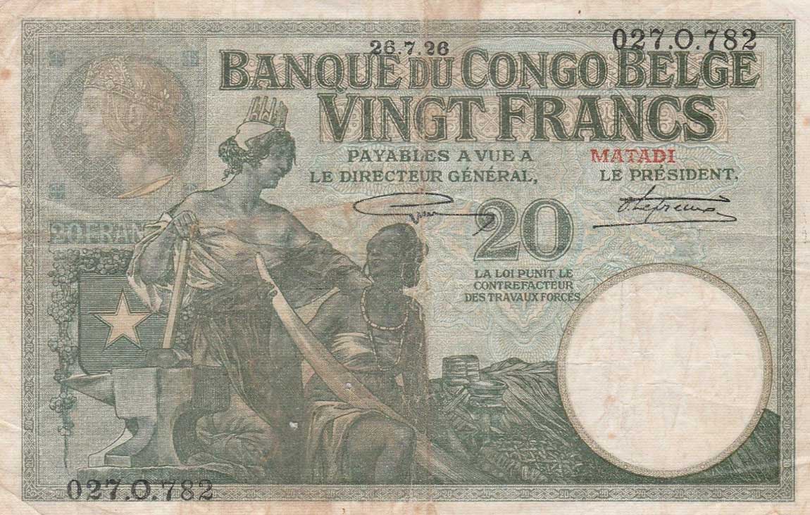 Front of Belgian Congo p10d: 20 Francs from 1912