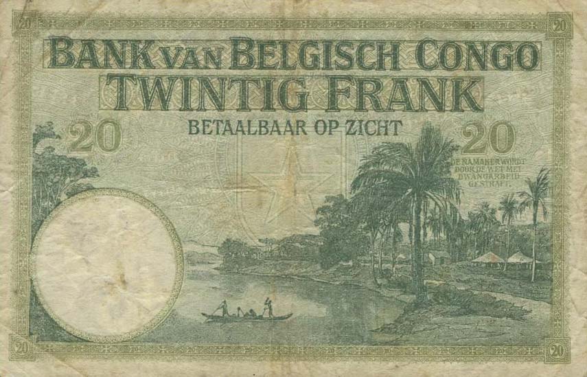 Back of Belgian Congo p10f: 20 Francs from 1929