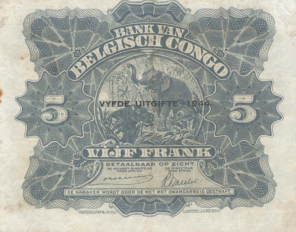 Back of Belgian Congo p13Ac: 5 Francs from 1944
