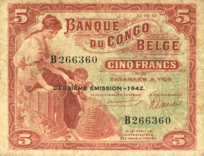 Front of Belgian Congo p13: 5 Francs from 1942