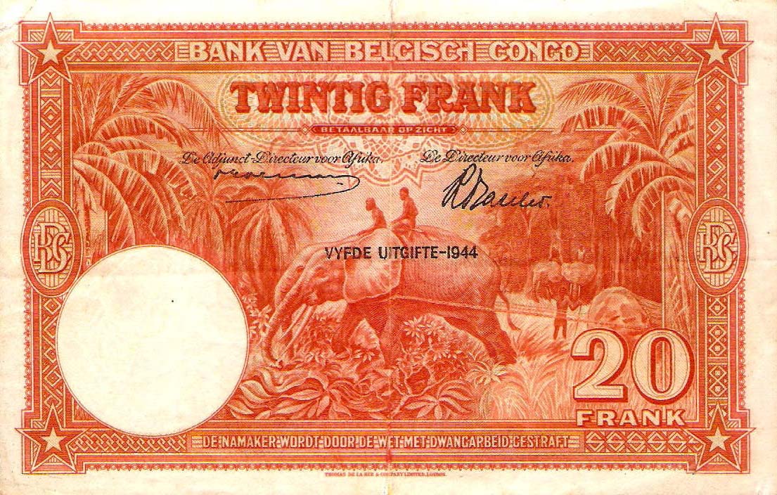 Back of Belgian Congo p15D: 20 Francs from 1944