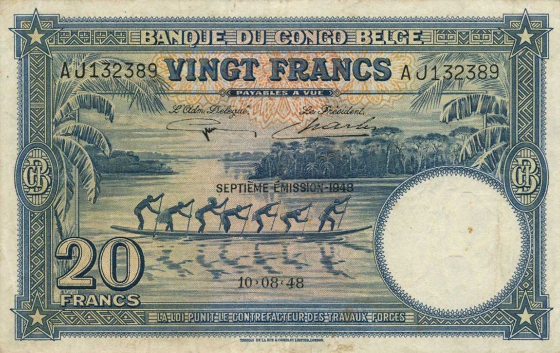 Front of Belgian Congo p15F: 20 Francs from 1948