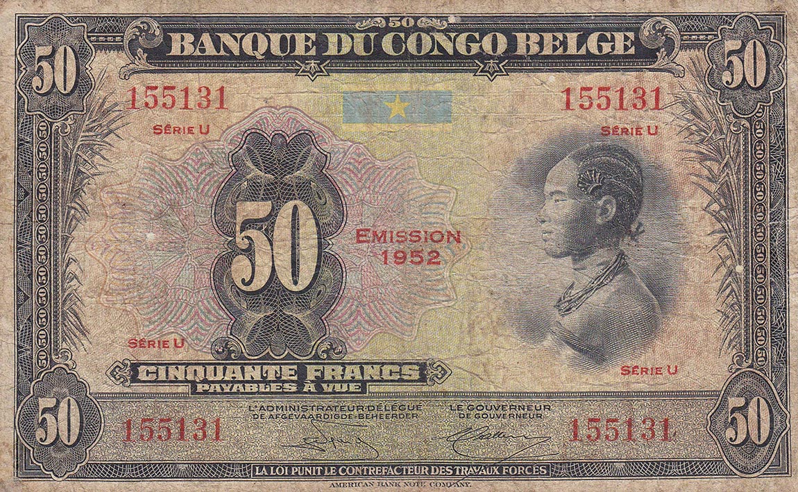 Front of Belgian Congo p16j: 50 Francs from 1952