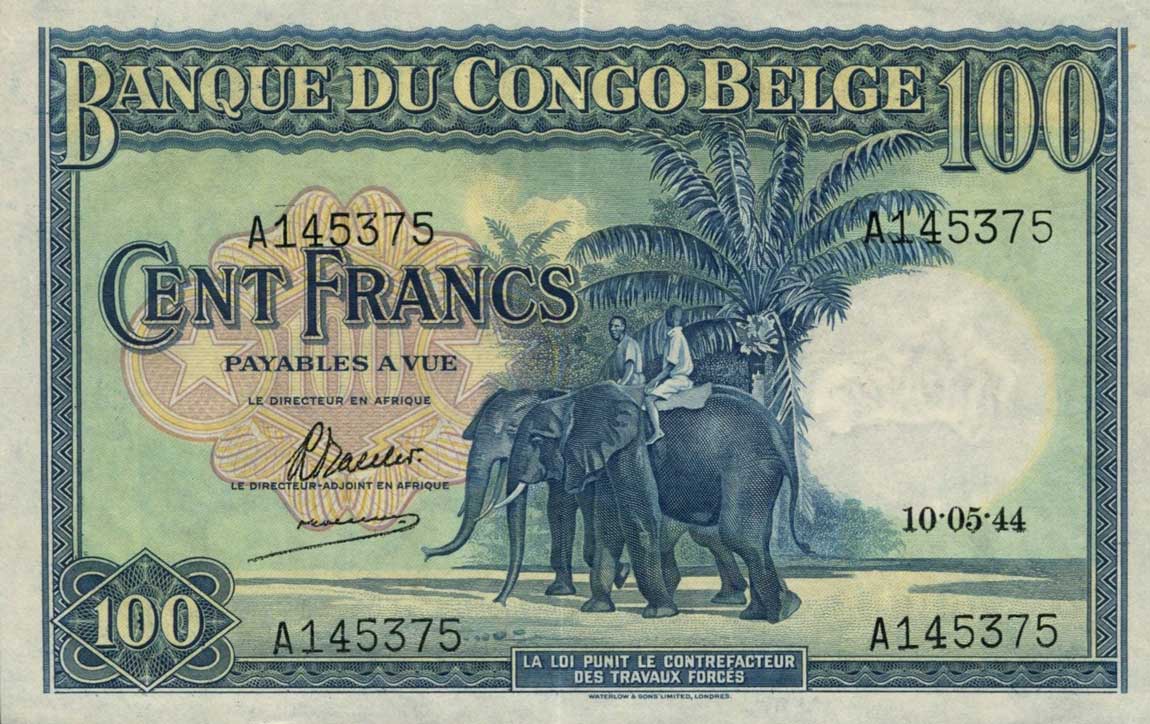 Front of Belgian Congo p17a: 100 Francs from 1944