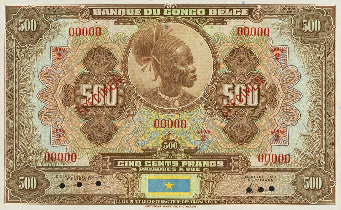 Front of Belgian Congo p18As: 500 Francs from 1941