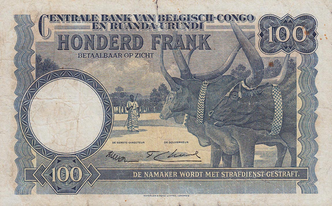 Back of Belgian Congo p25a: 100 Francs from 1952