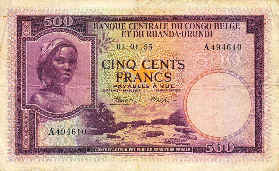 Front of Belgian Congo p28b: 500 Francs from 1955