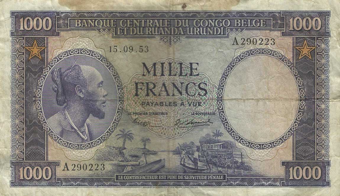 Front of Belgian Congo p29a: 1000 Francs from 1953