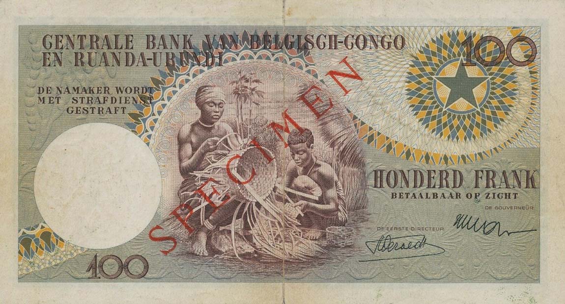 Back of Belgian Congo p33s: 100 Francs from 1955