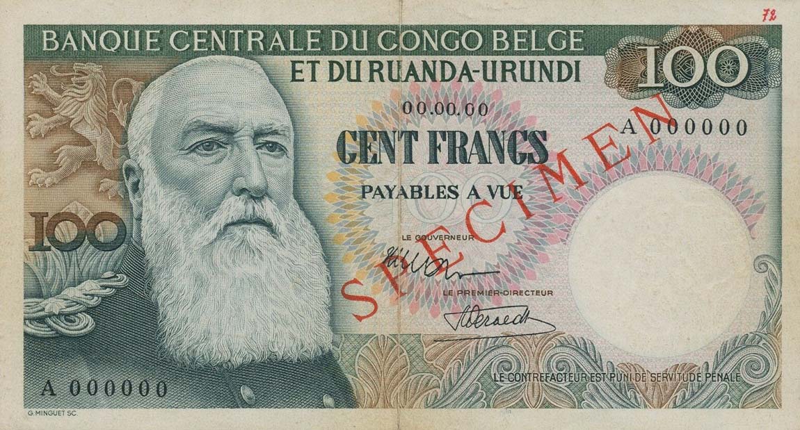 Front of Belgian Congo p33s: 100 Francs from 1955