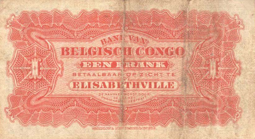 Back of Belgian Congo p3: 1 Franc from 1914