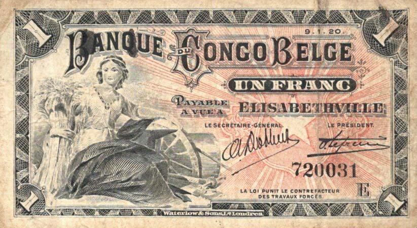 Front of Belgian Congo p3: 1 Franc from 1914