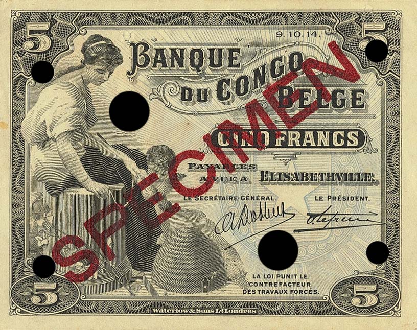 Front of Belgian Congo p4s: 5 Francs from 1914