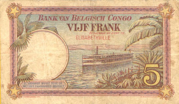 Back of Belgian Congo p8a: 5 Francs from 1924