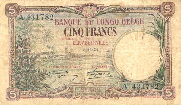 Front of Belgian Congo p8a: 5 Francs from 1924