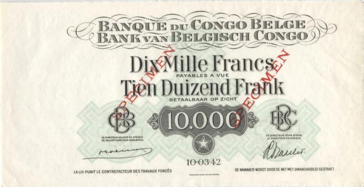 Front of Belgian Congo p20: 10000 Francs from 1942