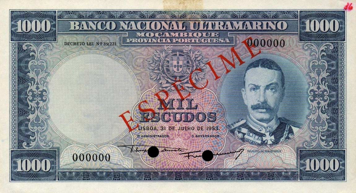 Front of Mozambique p105s: 1000 Escudos from 1953