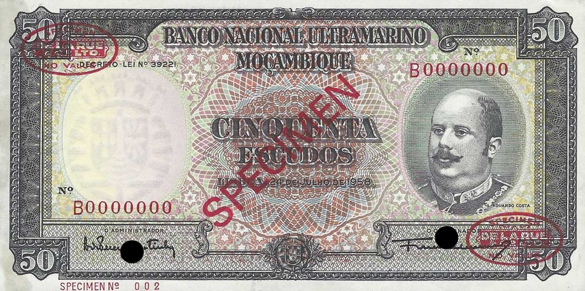 Front of Mozambique p106s: 50 Escudos from 1958